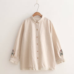 New Casual Lace Cotton And Linen Embroidered Loose Fitting Long Sleeved Shirt