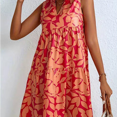 Sleeveless V Neck Tiered Leaf Print Eco-Friendly A Line Custom Logo Summer Midi Dress