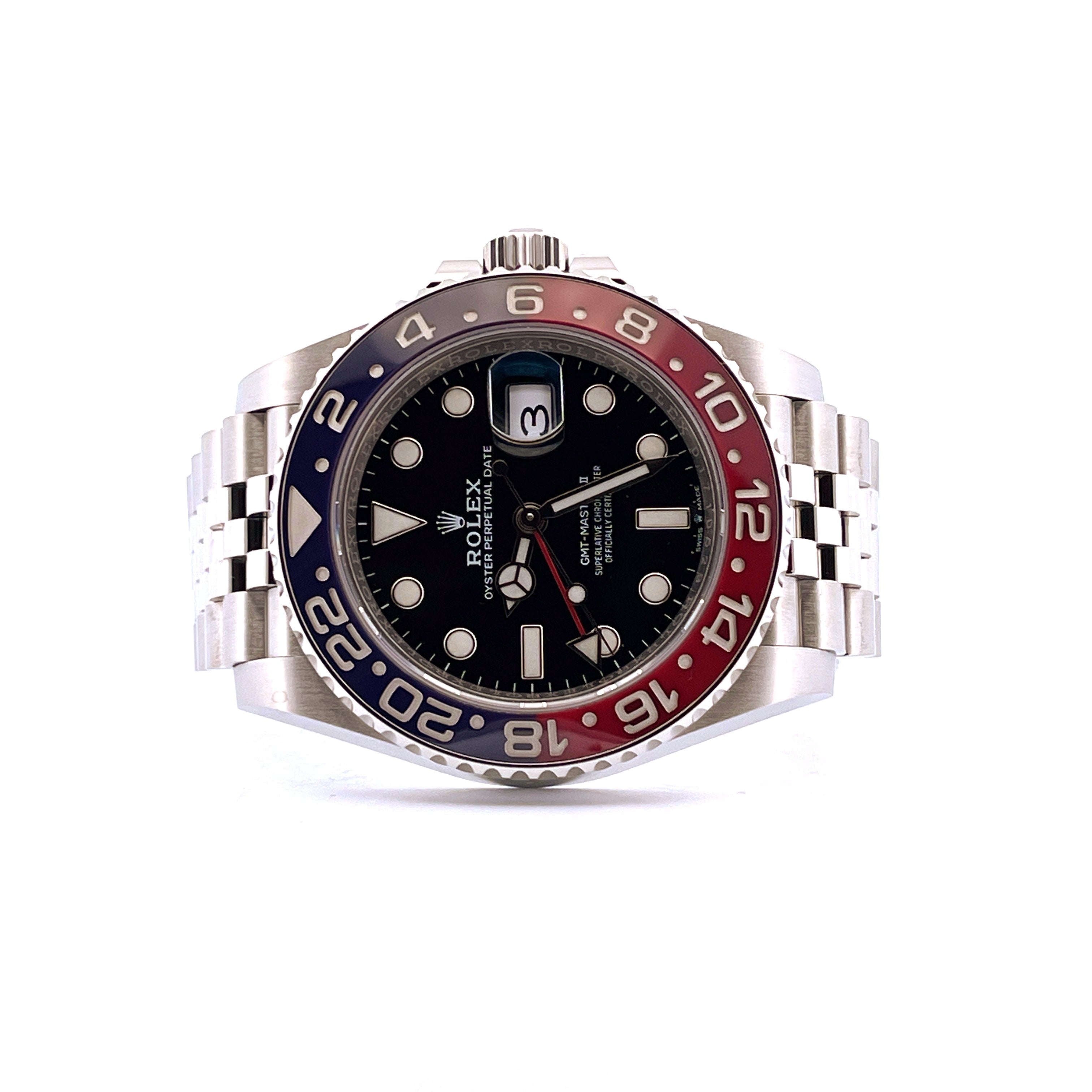 Rolex GMT-Master II Pepsi 2019 Jubilee Frontansicht mit rot-blauer Lünette und Edelstahlarmband