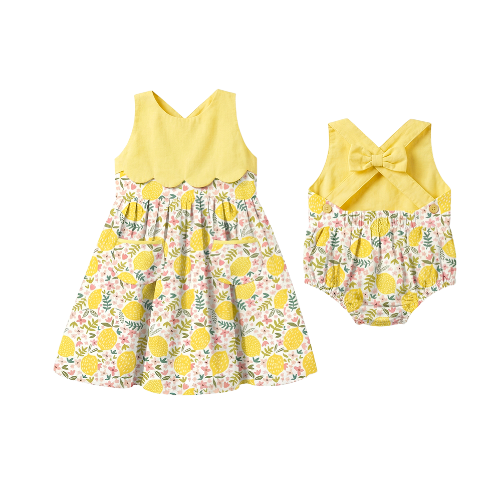 Puresun Fast Delivery Custom Lemon Print 100% Cotton Scallop High Quality Soft Touch Girls Summer Dresses 10-12 Years
