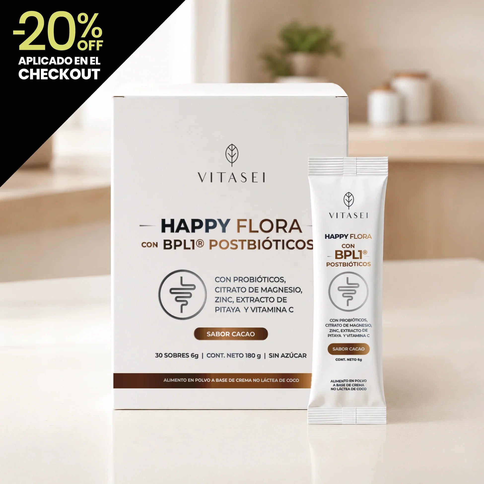 Happy Flora con BPL1® - Posbióticos Con Magnesio, Zinc | En Sachets | Sabor Cacao