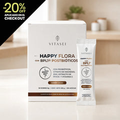 Happy Flora con BPL1® - Posbióticos Con Magnesio, Zinc | En Sachets | Sabor Cacao