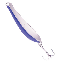 Yellowbird Dr. Spoon 4.5" fishing lure with a curved metallic body in blue and silver, featuring a treble hook for effective fishing tackle use.