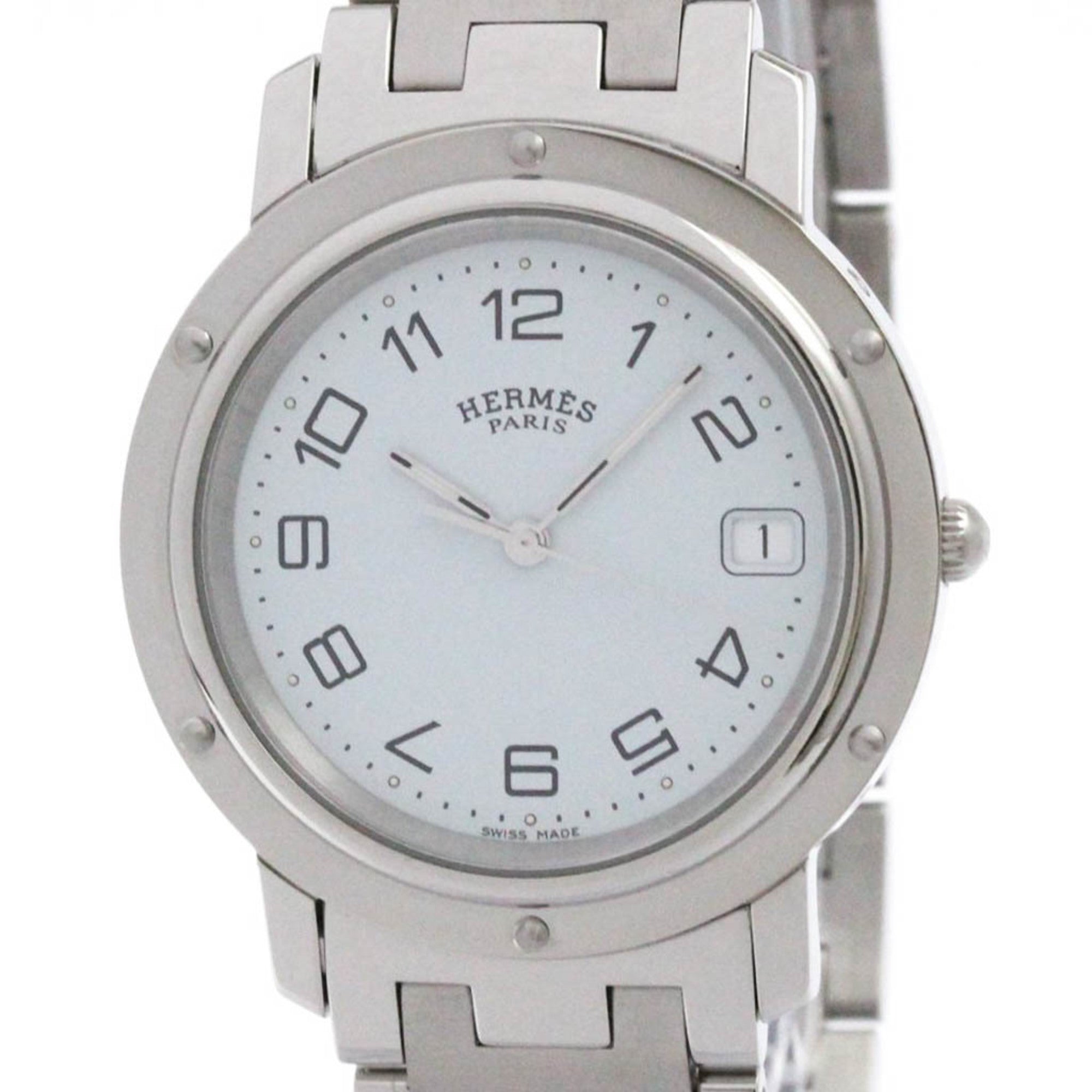 Pre-Owned HERMES Clipper Stainless Steel Quartz Mens Watch CL6.710 Polished