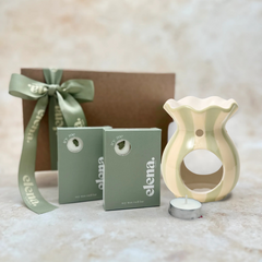 sage green & cream stripe ceramic wax melt burner & 2 soy wax melts gift set