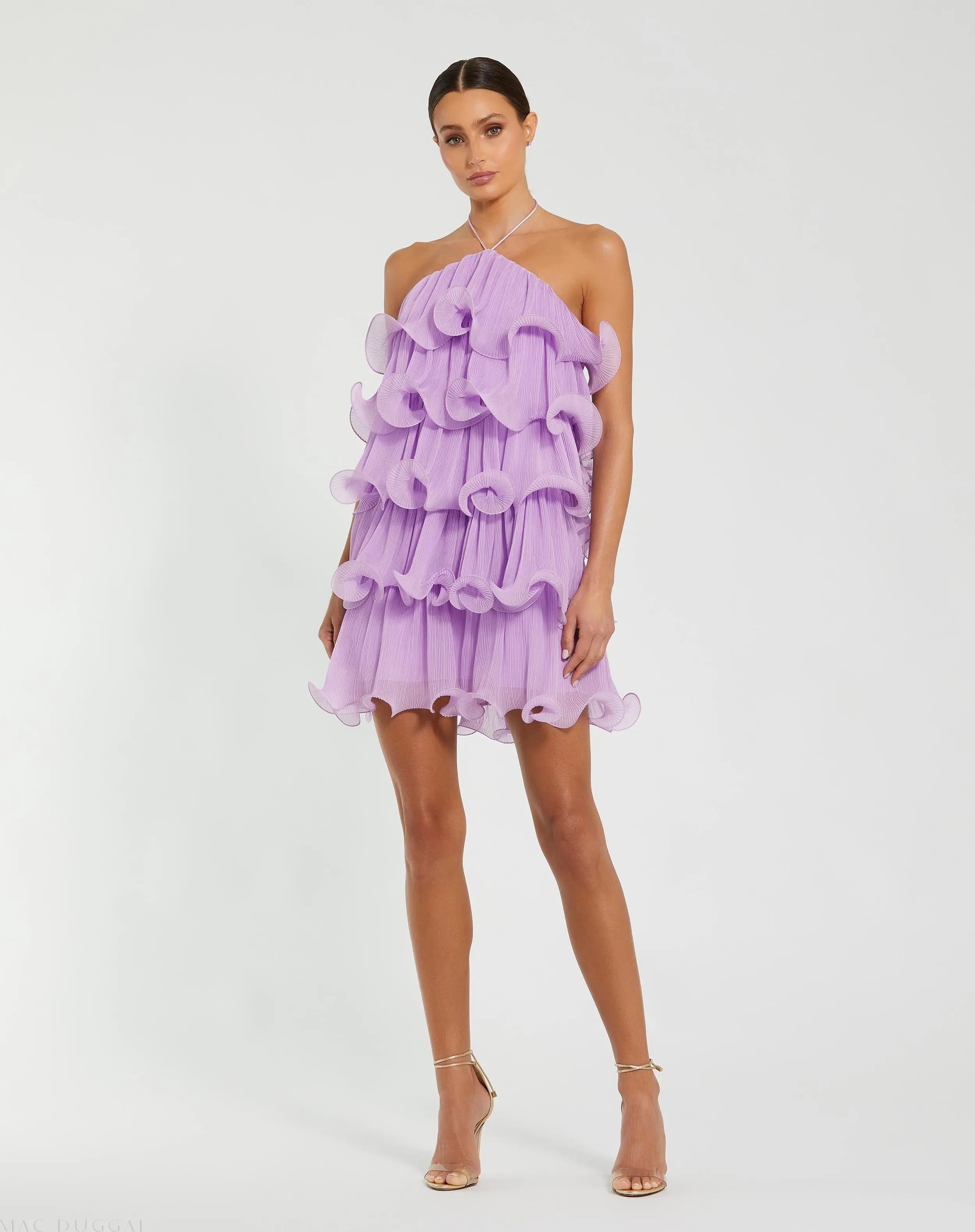 Purple Crinkle Chiffon Tiered Ruffle Mini Dress - Ieena for Mac Duggal