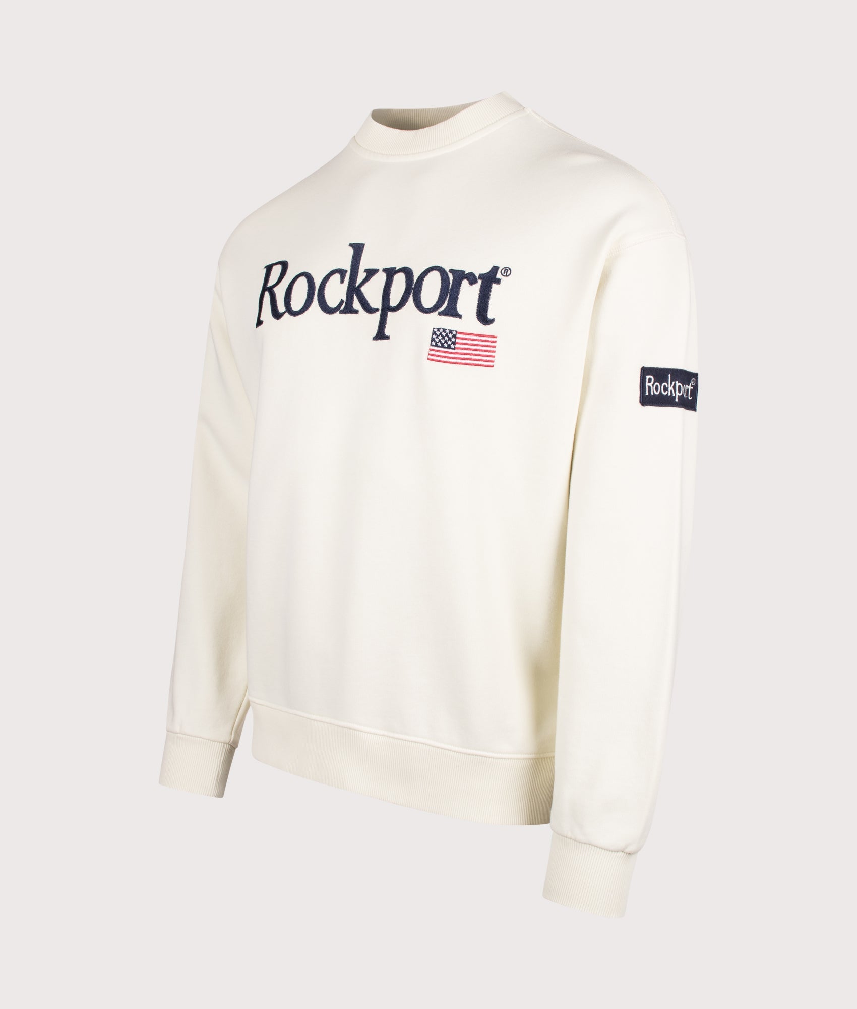 Rockport New England Front Logo Sweatshirt in Ecru at EQVVS Menswear. Angled front shot.