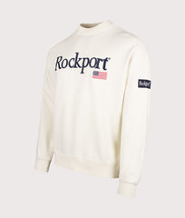 Rockport New England Front Logo Sweatshirt in Ecru at EQVVS Menswear. Angled front shot.