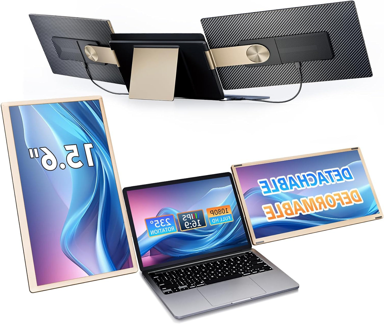 15.6 inch Triple Laptop Screen Extender, FHD 1080P IPS Laptop Monitor Extender, Detachable Screen Travel Monitor Laptops with Speakers, Plug & Play, Compatible with Mac/Android/Win - QUORE