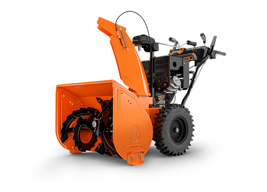 Ariens Deluxe 28 SHO 301cc snow blower with a 28" clearing width and high output impeller, showcasing its rugged design.