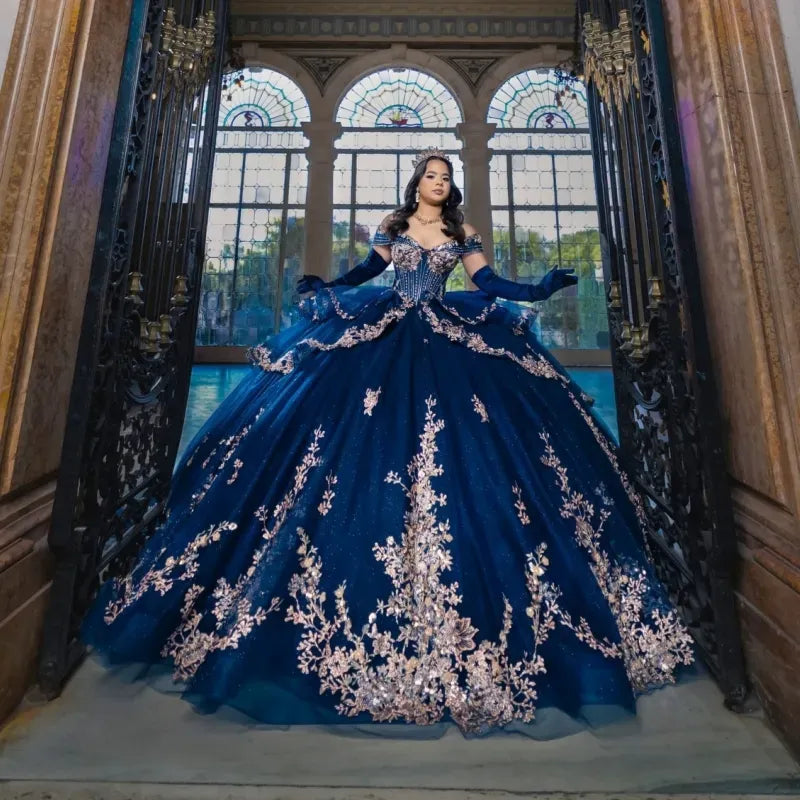 Navy Blue Quinceanera Mermaid Gown, Champagne Gold 3D... From Y0937, $305.13