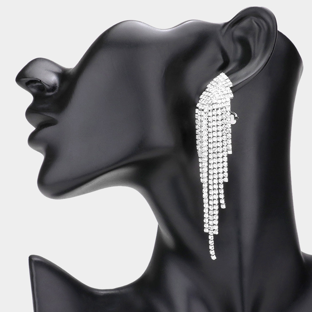 Rhinestone Fringe Clip On Pageant Earrings | Clip On Prom Earrings