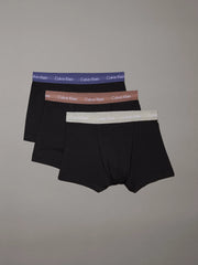 Calvin Klein COTTON STRETCH Mens 3 Pack Trunks Black front view showing three pairs with black trunks and various waistband colors.
