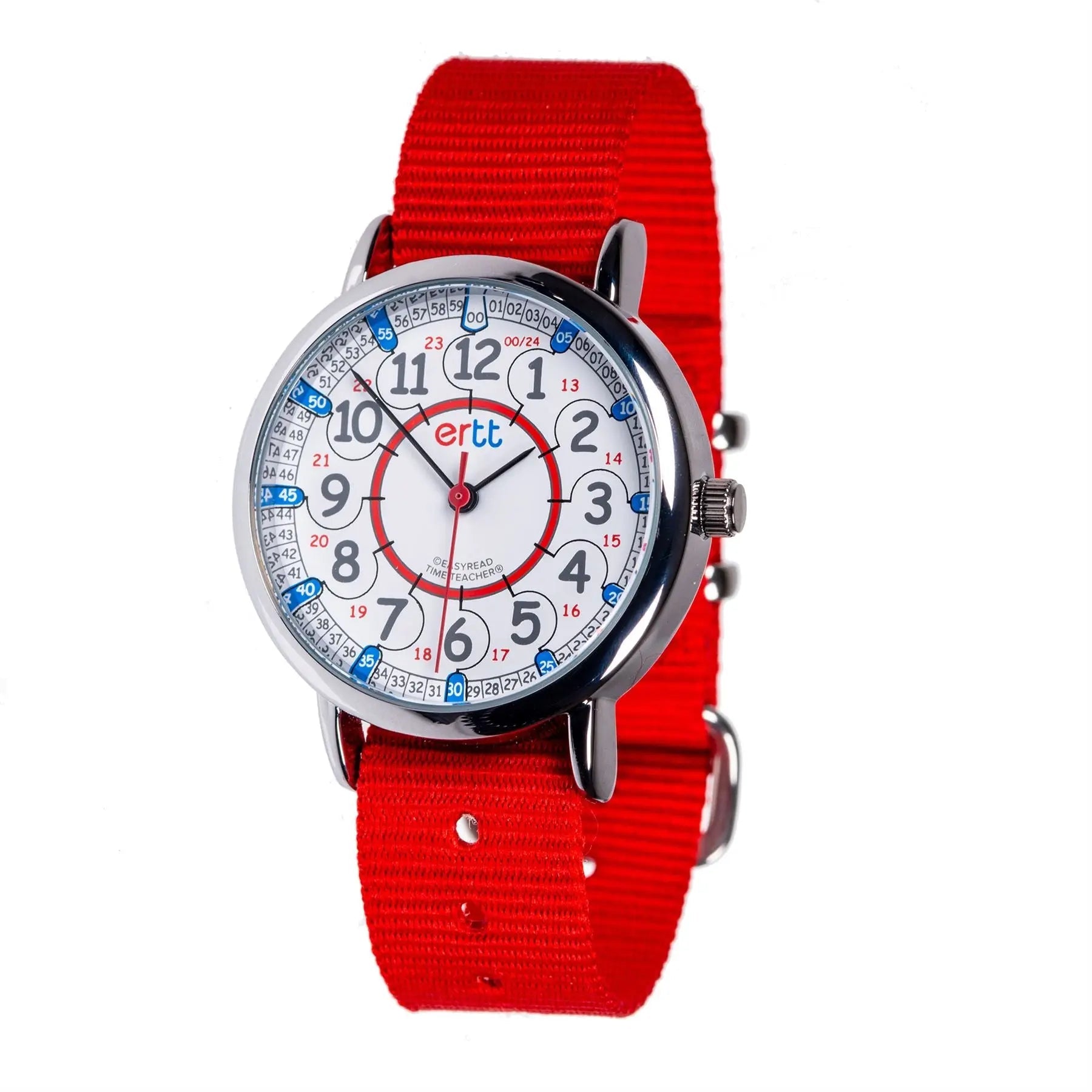 EasyRead Watch Standard 12/24 Hour - Red Strap (Red & Blue Face) | The Dyslexia Shop