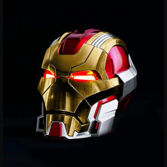 Iron Man MK17 Heartbreaker helmet in Classic Gold and Red, faceplate closed