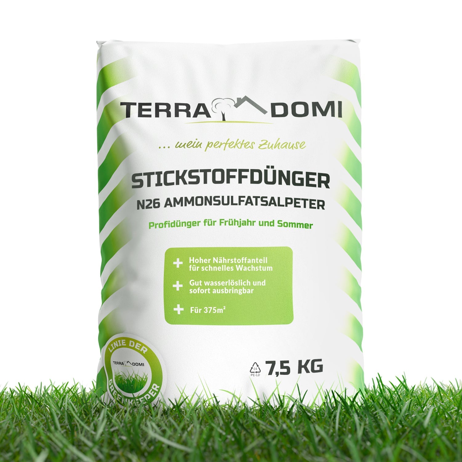 7,5-kg-Sack TerraDomi Stickstoffdünger N26 Ammonsulfatsalpeter – Profidünger für Frühjahr und Sommer, hoher Nährstoffanteil für schnelles Rasenwachstum, gut wasserlöslich und sofort ausbringbar, ausreichend für 375 m².