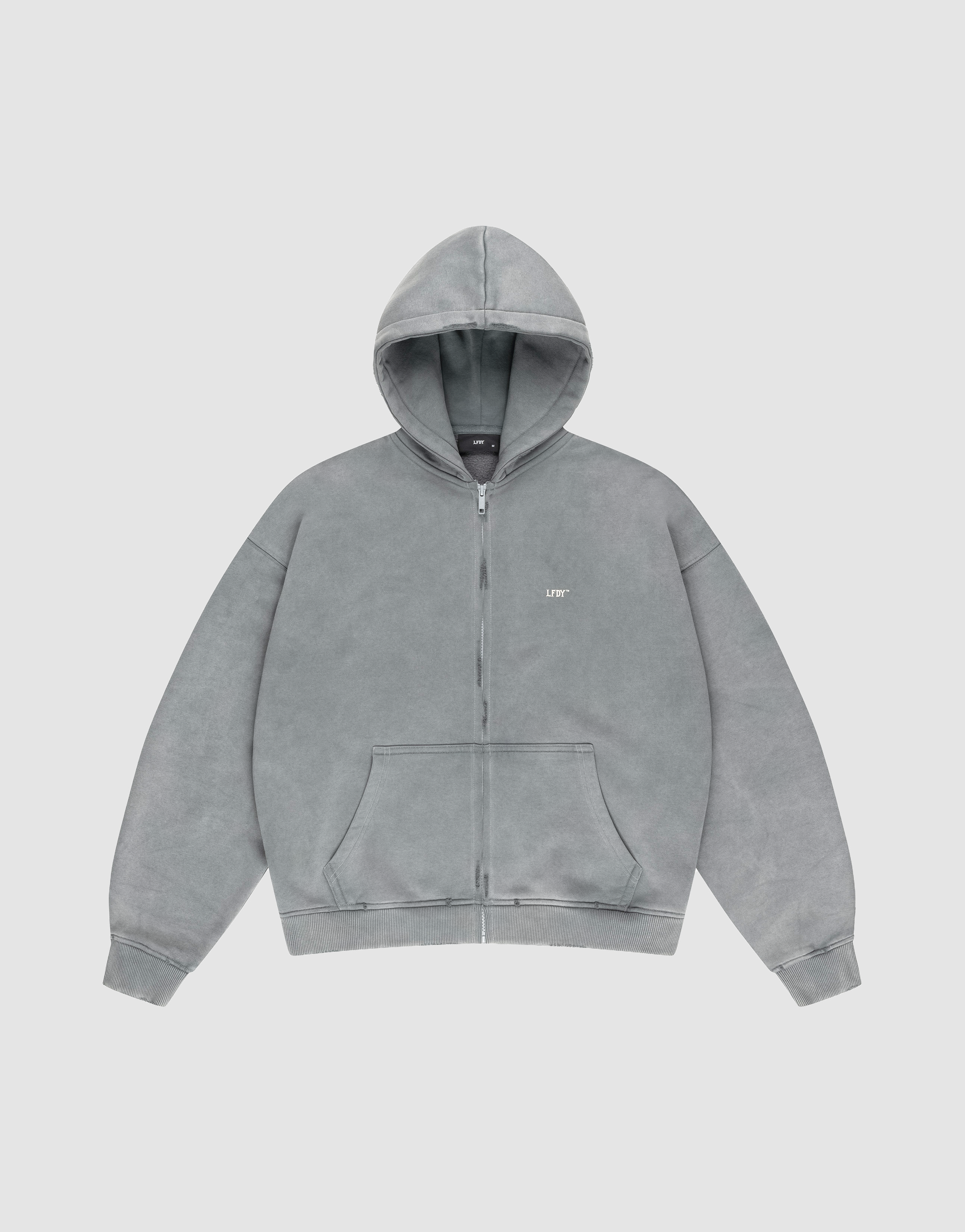 The LIVE FAST DIE YOUNG Basic Hooded Zip is a plain, light gray zip-up hoodie with a hood, front pockets, and a small white LIFT logo on the left chest, shown on a white background. | plain