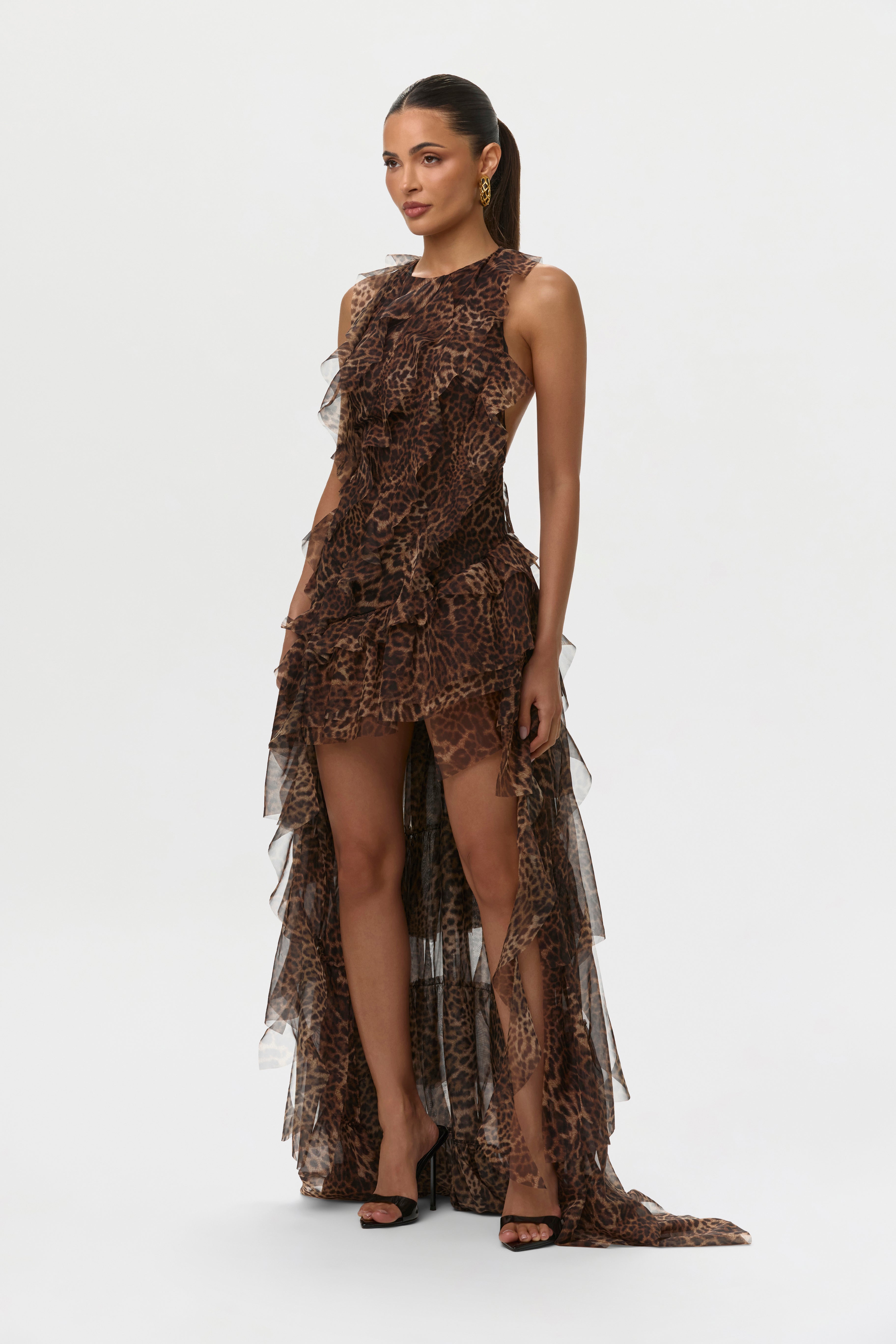 Spotted Leopard Chiffon Print Asymmetric Ruffle Dress