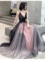 Fashionable Pink and Black Tulle V-neckline Party Dress, Pink Lace Applique Evening Gown