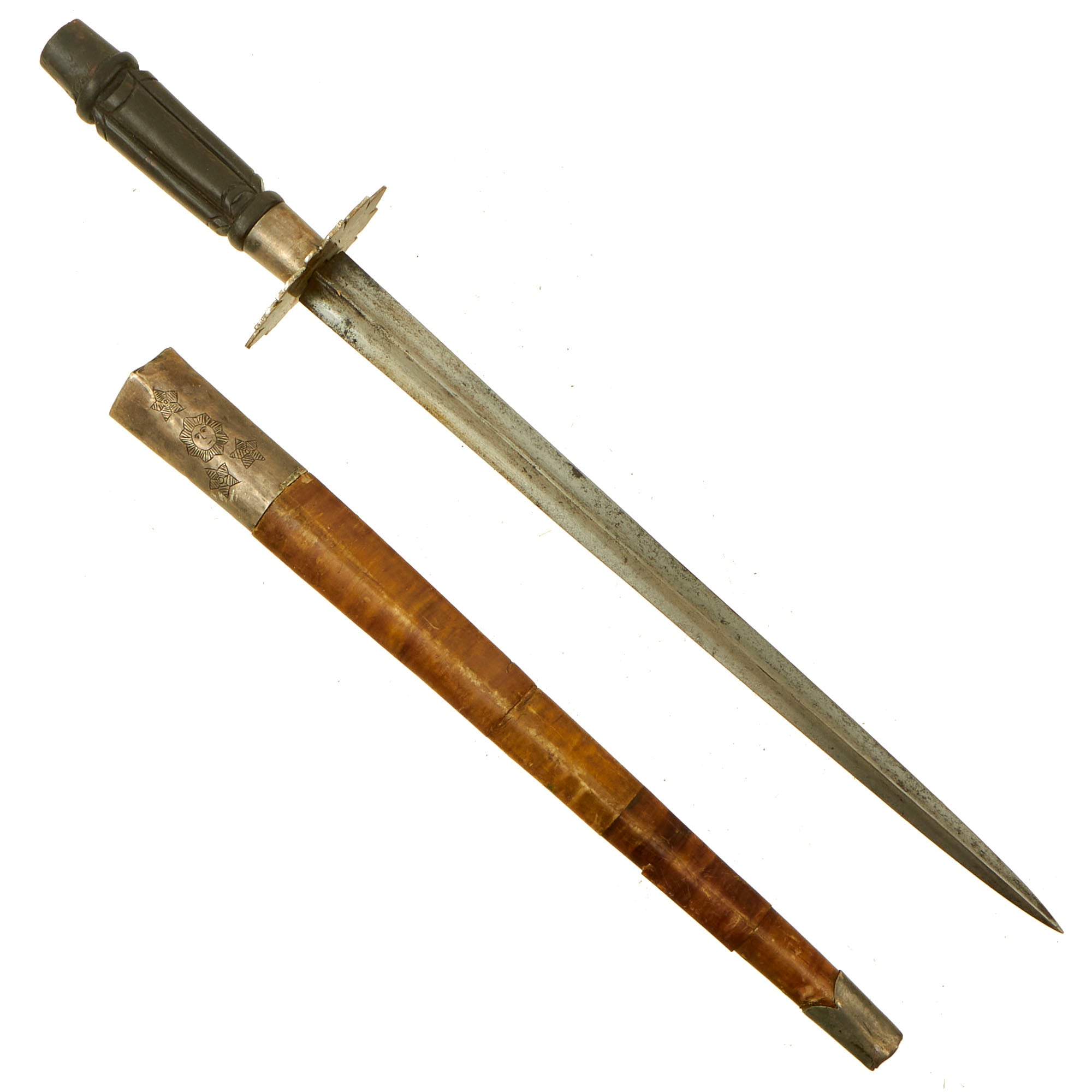 Original Philippines Late 19th Century Filipino Revolution Katipunan Marked Stiletto With Triangular Blade and Scabbard Original Items