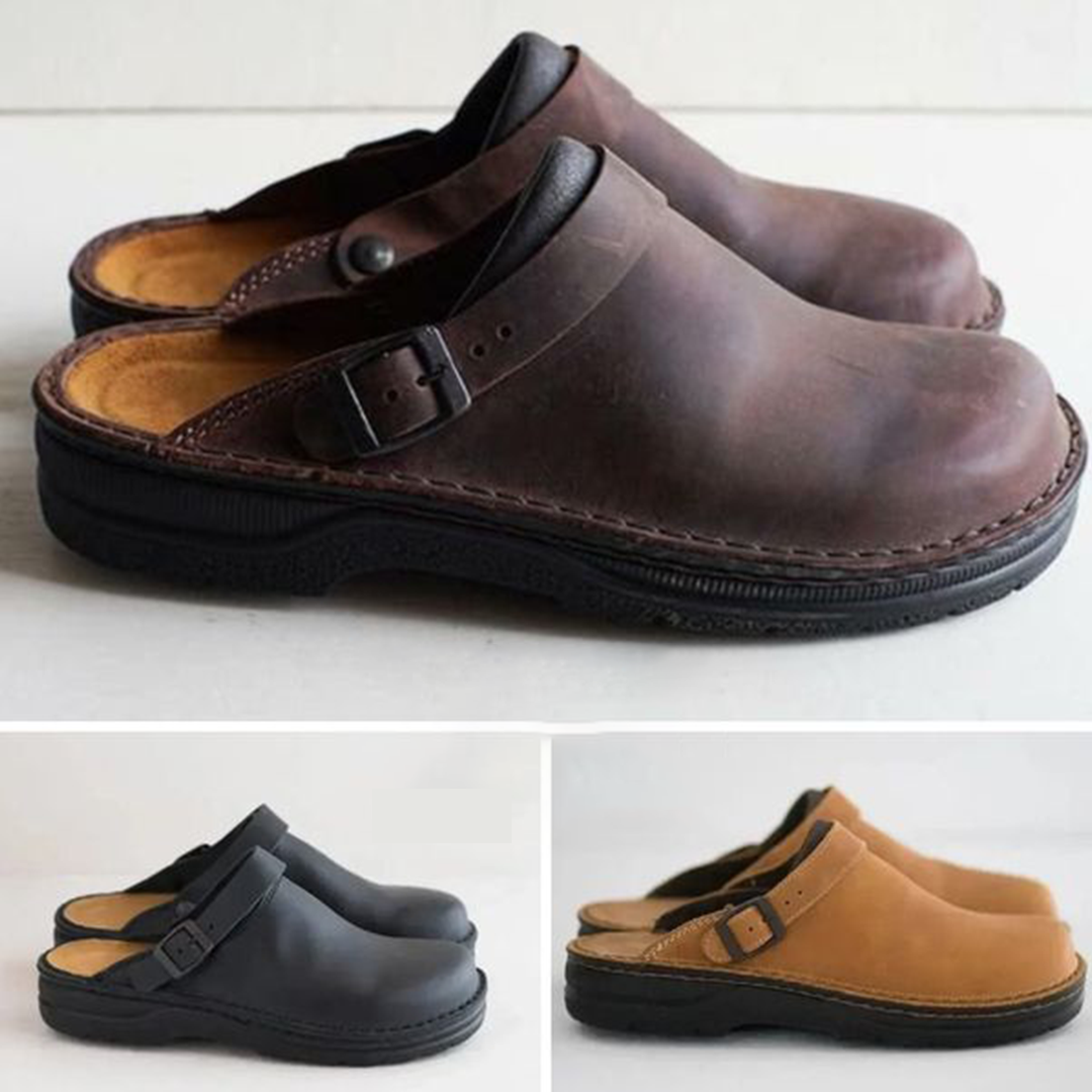 Sabots en cuir pour hommes, marron, noir et beige, avec bride réglable. Chaussures confortables et élégantes pour un style décontracté.