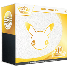 30th Celebration Elite Trainer Box featuring Pikachu design for Pokémon fans and collectors.