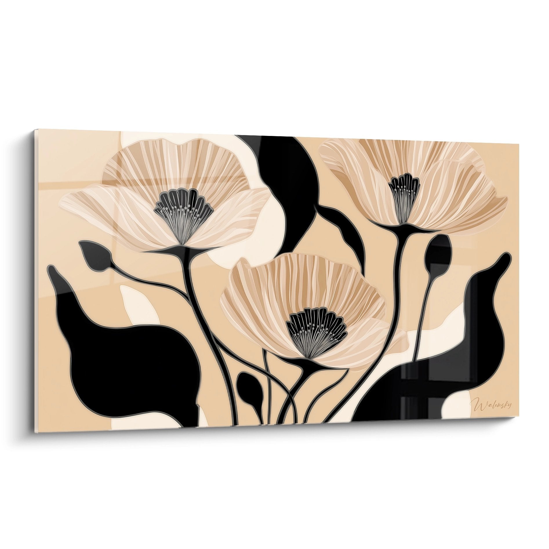 Art deco flowers stylized beige and black wall art, elegant modern composition for home decoration