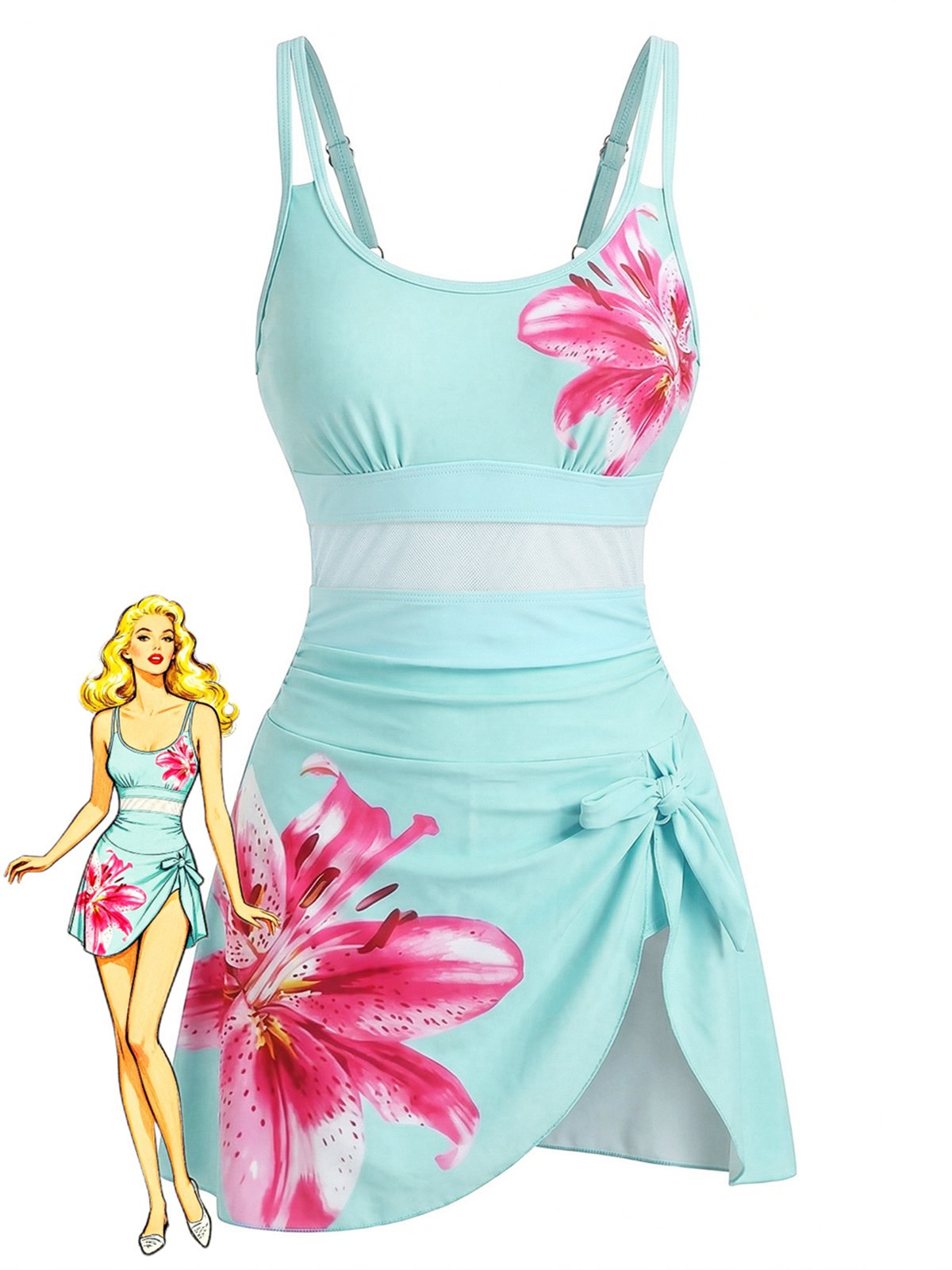 Maillot de bain maille bretelles col rond fleuri 1940s