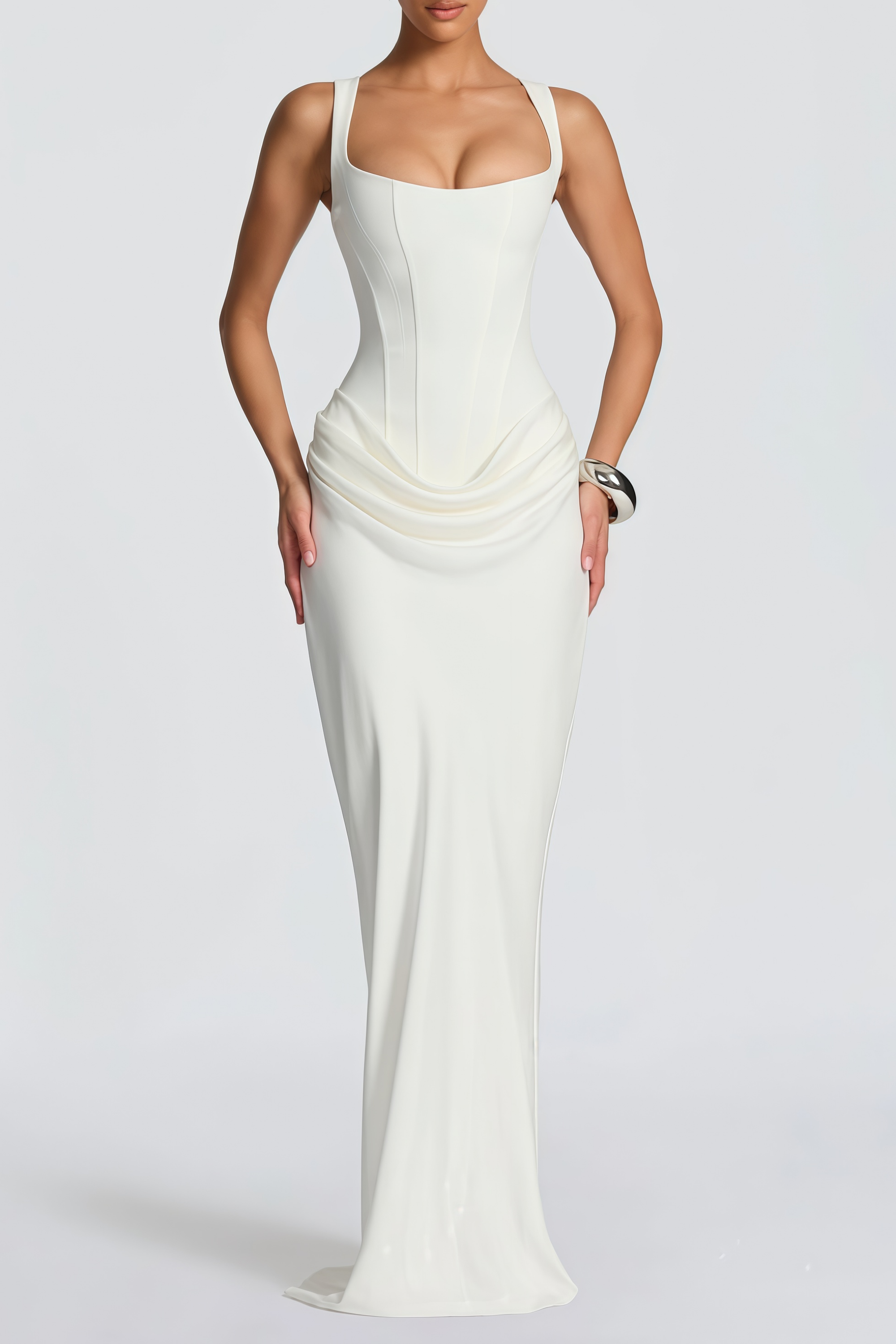 Paulette White Ruched Corset Maxi Dress (Final Sale-US Only)