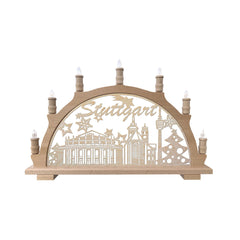 Schwibbögen-Schwibbogen aus Holz mit Stuttgarter Wahrzeichen, Weihnachtsbaum und sechs elektrischen Kerzen – perfekt als festliche Weihnachtsdekoration.