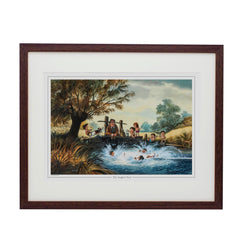 The Anglers Pool by Norman Thelwell is a charming fishing cartoon print from Countryside Greetings, featuring kids swimming as adults watch—an ideal gift for fishing fans or collectors of classic cartoon art.