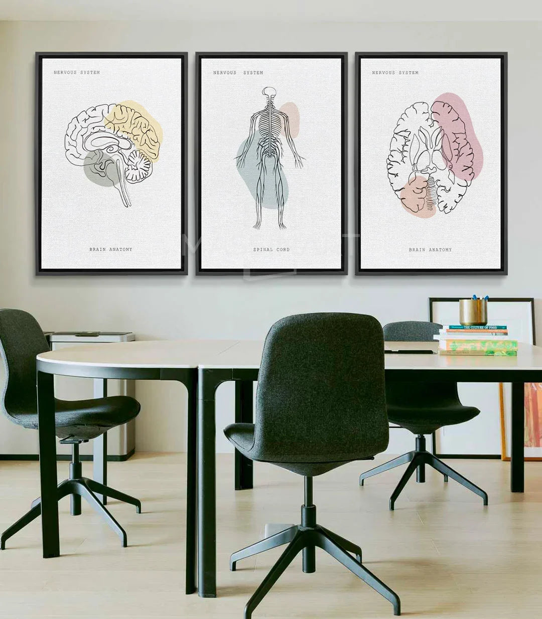 Tableau Neural Network triptyque anatomique Massinart — cerveau illustration linéaire beige