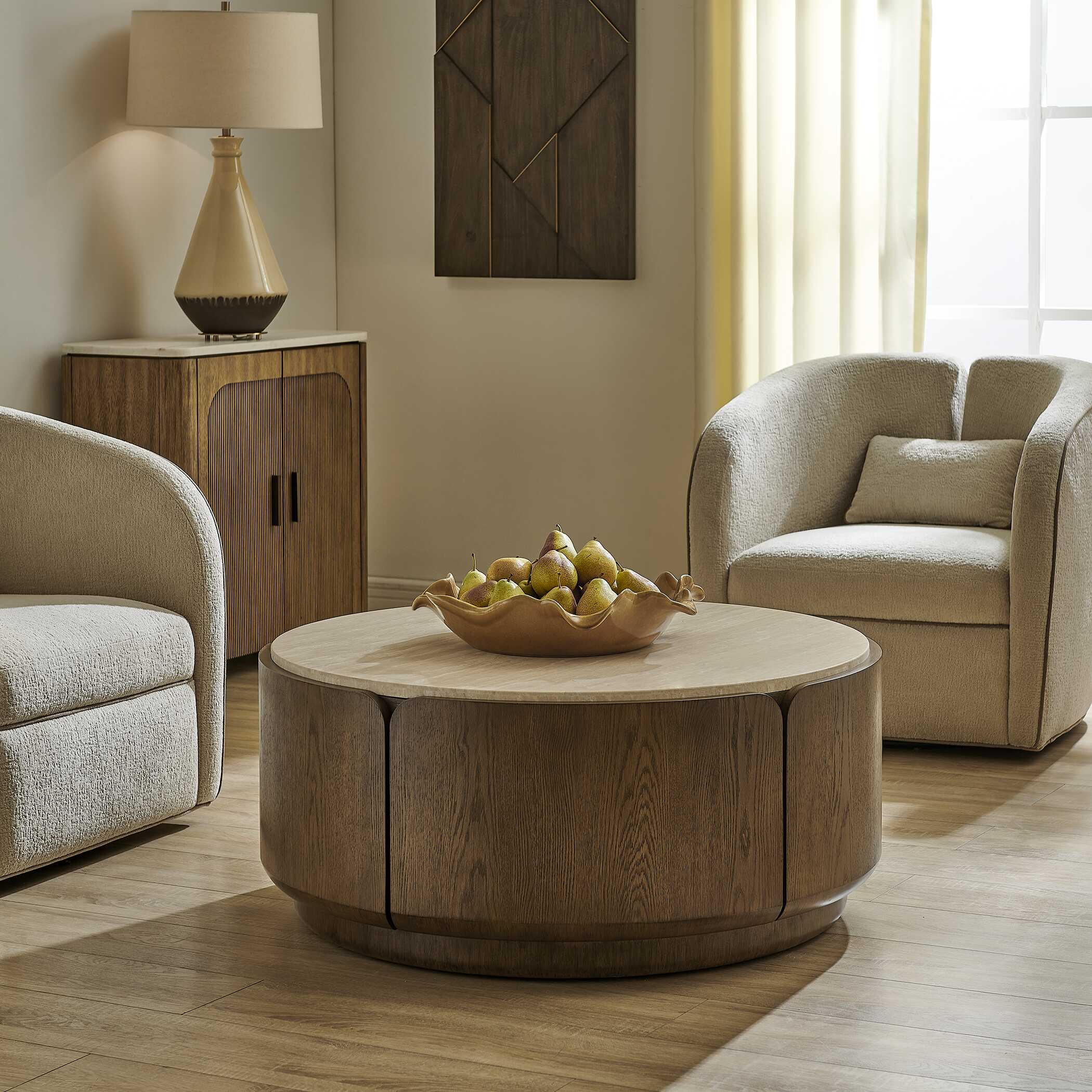Tindall Brown/White/Woodtone Round Travertine Coffee Table - Ornate Home