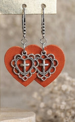 Leather Heart and Cross Earrings