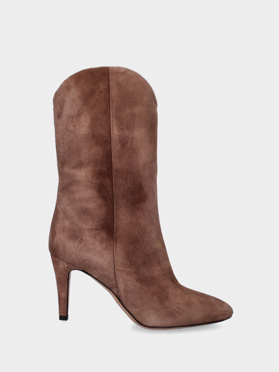 Stivaletto taupe in pelle con gambale arrotondato