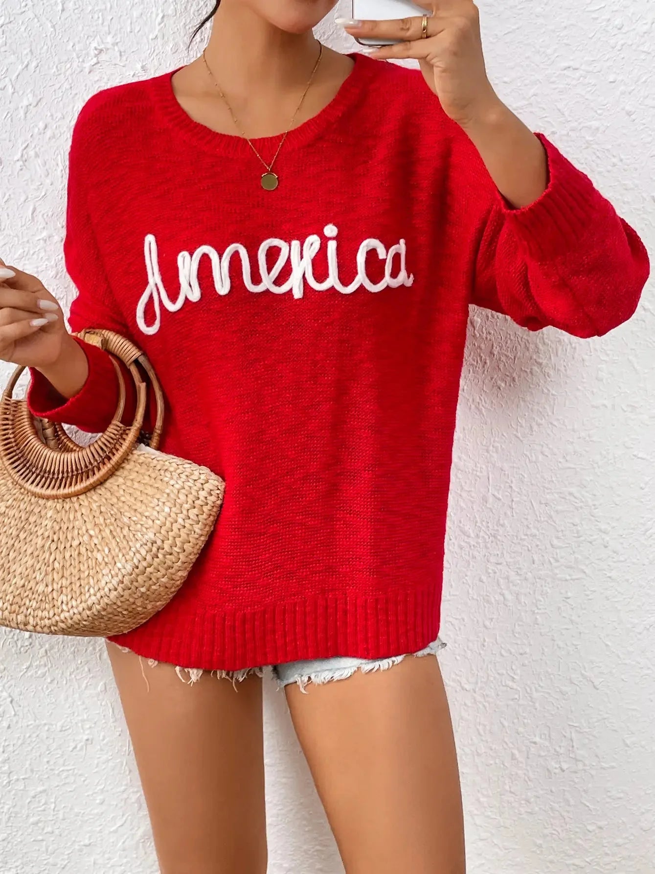 America Jacquard Fashion Crewneck Knitted Sweater | Red - Juli's Wearable Art