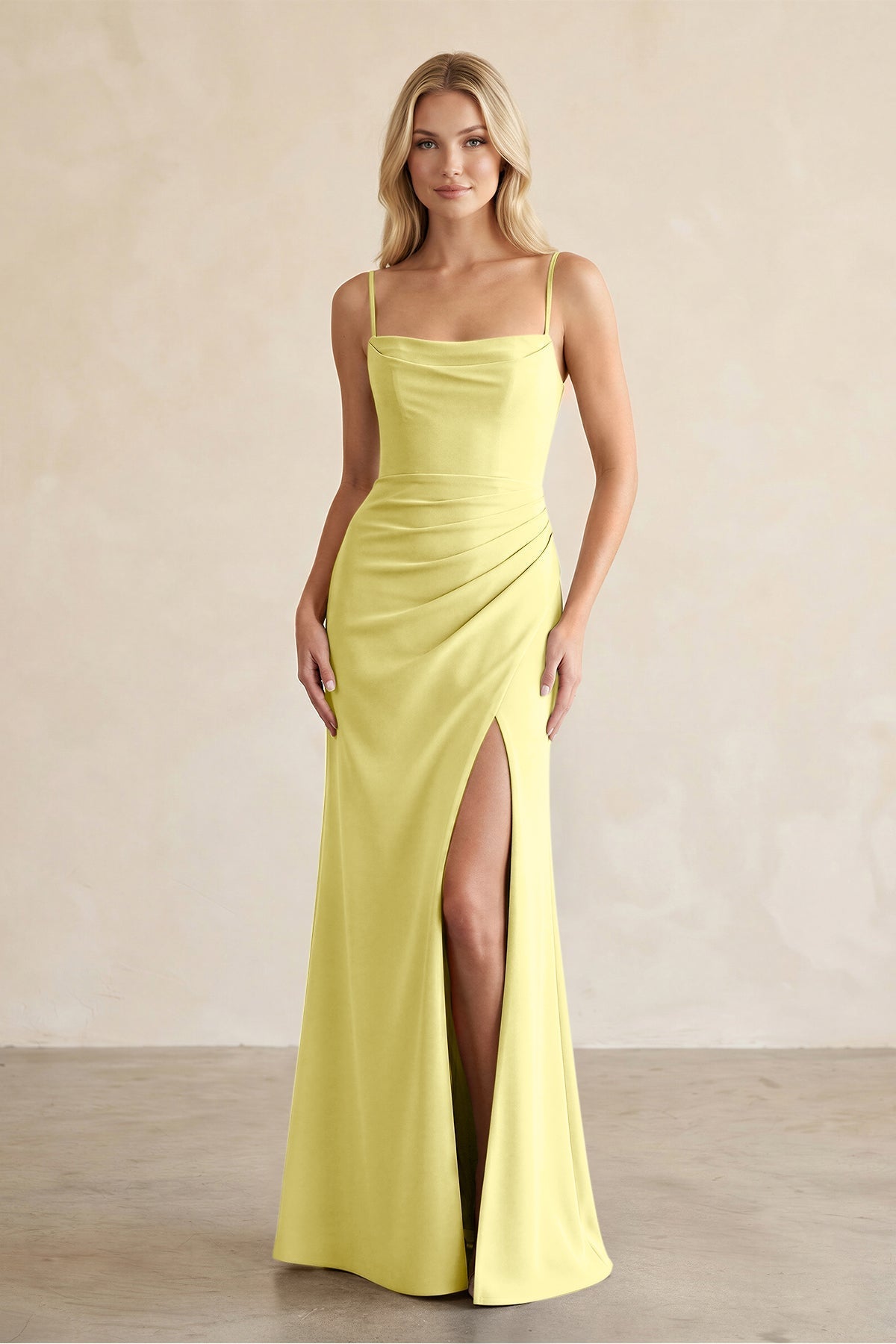 Cami Strap Chiffon Sheath Bridesmaid Dress with Slit in Buttercup - KissDress