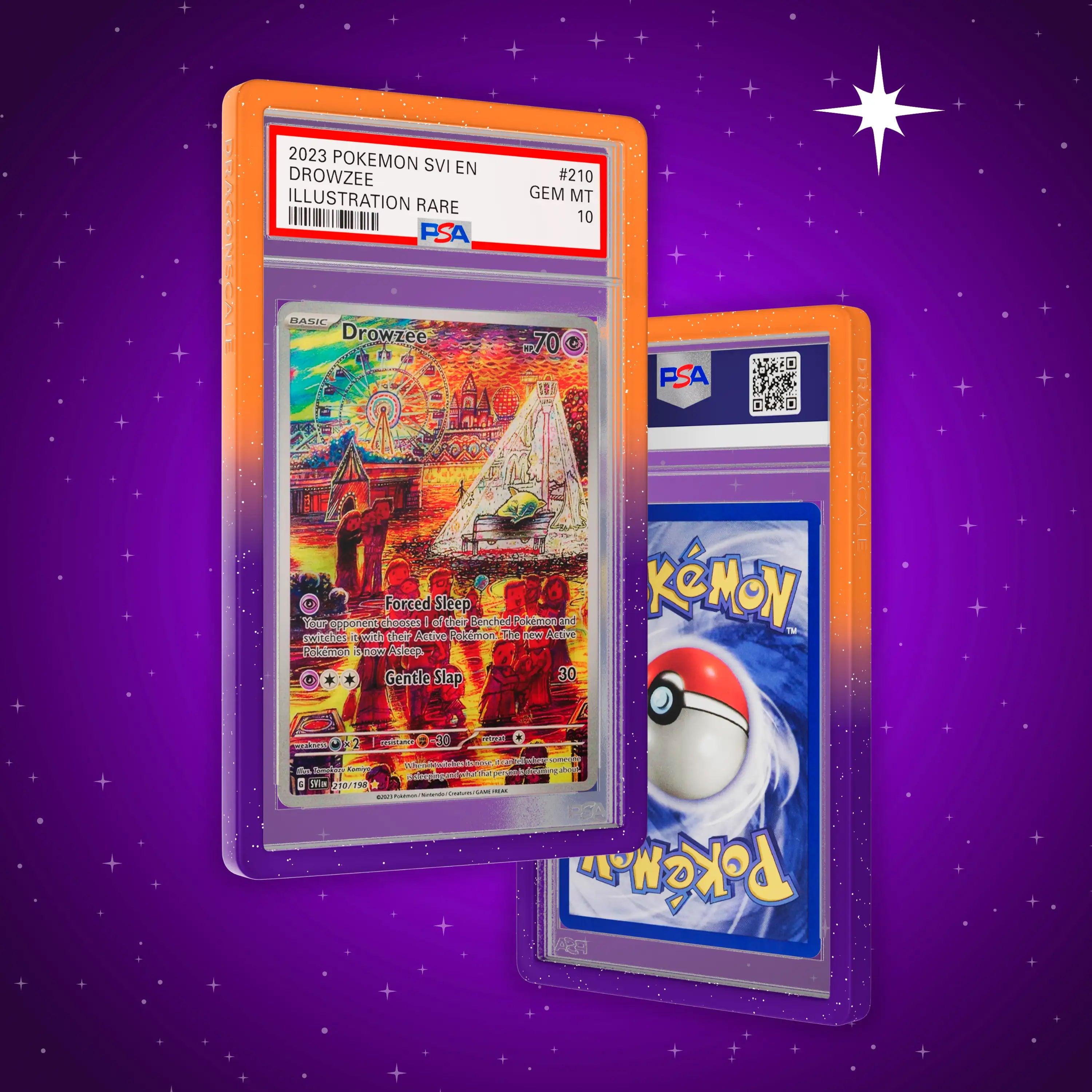 Front and back view of a PSA slab in Radiant Curse Dragonscale bumper guard, featuring a Scarlet & Violet - Drowzee PSA 10 Pokemon card.