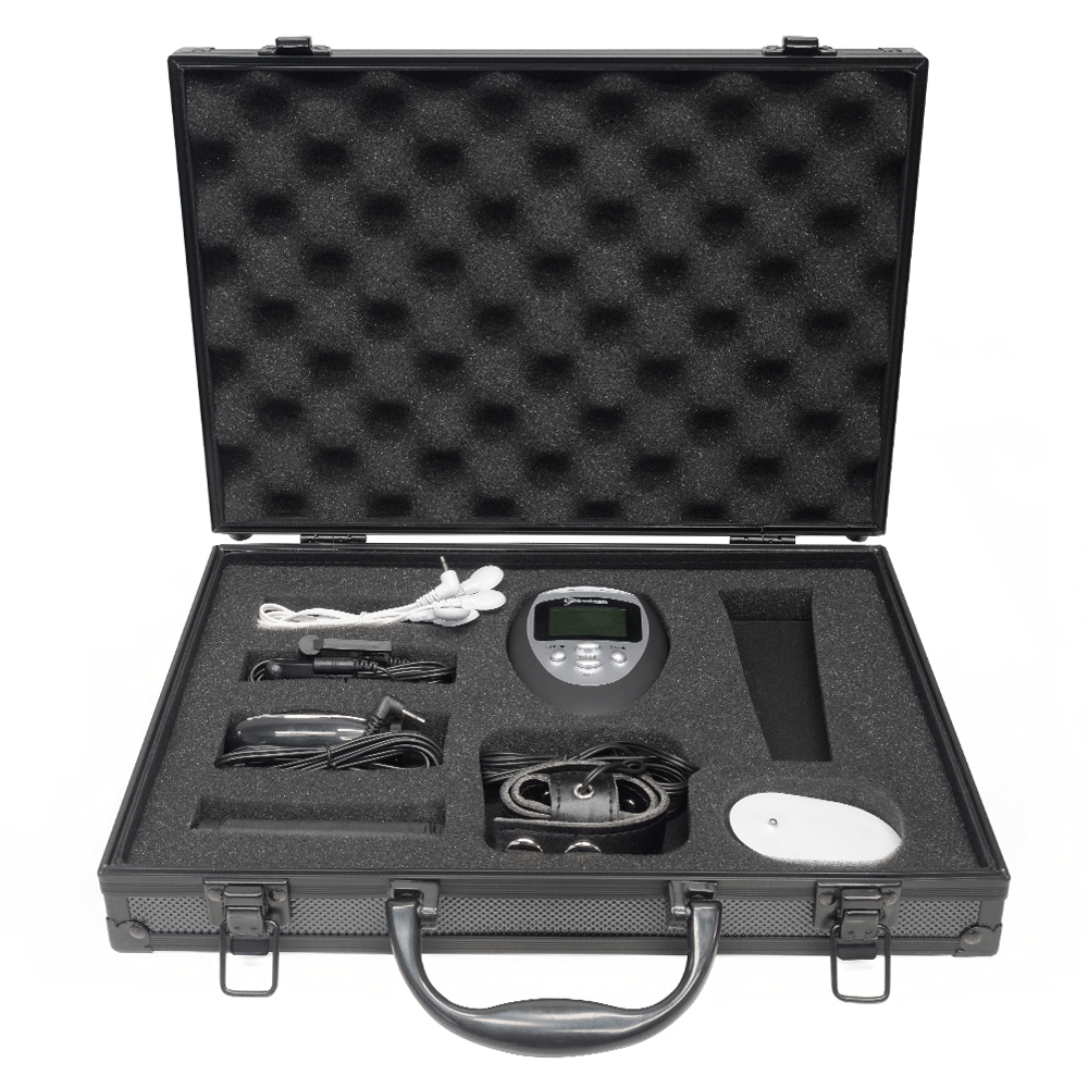 Fetish Fantasy Series Deluxe Shock Therapy Travel Kit delivers 3 modes of e-shock sensations at the push of a button & comes w/ nipple clamps, a leather cock ring, probe & more. Accessories.