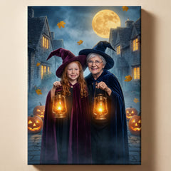 Personalized witch and wizard Halloween artwork shown on canvas