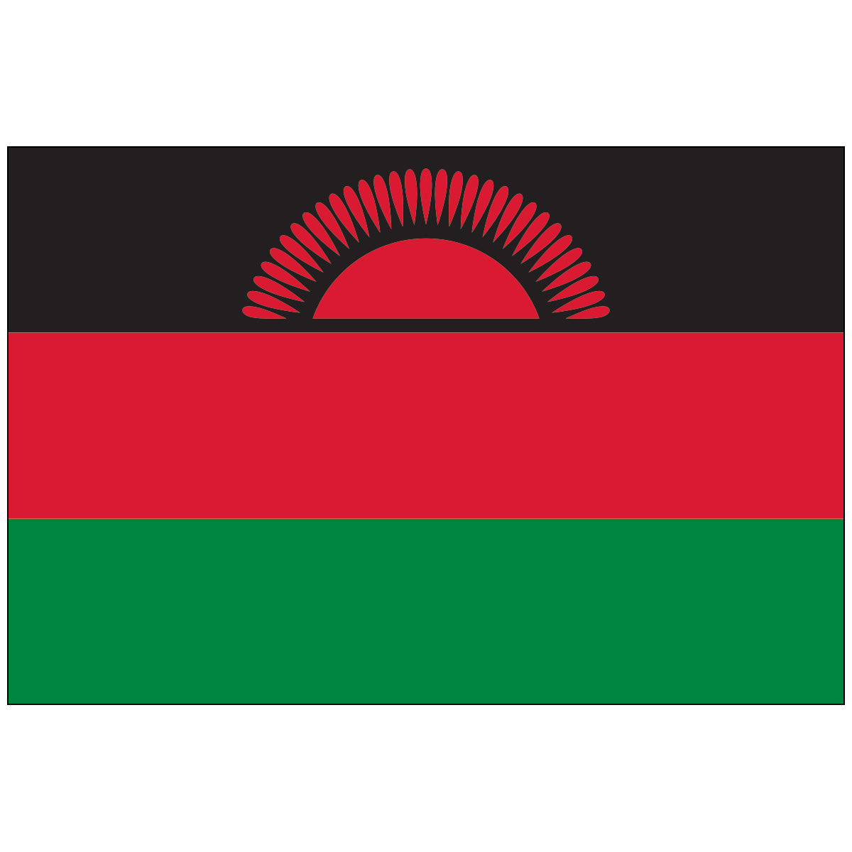 Horizontal Malawi nylon world flag with three equal stripes: black on top, red in the middle, and green on the bottom. The center of the black stripe features a partially risen red sun with 31 rays.