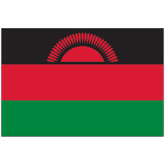 Horizontal Malawi nylon world flag with three equal stripes: black on top, red in the middle, and green on the bottom. The center of the black stripe features a partially risen red sun with 31 rays.