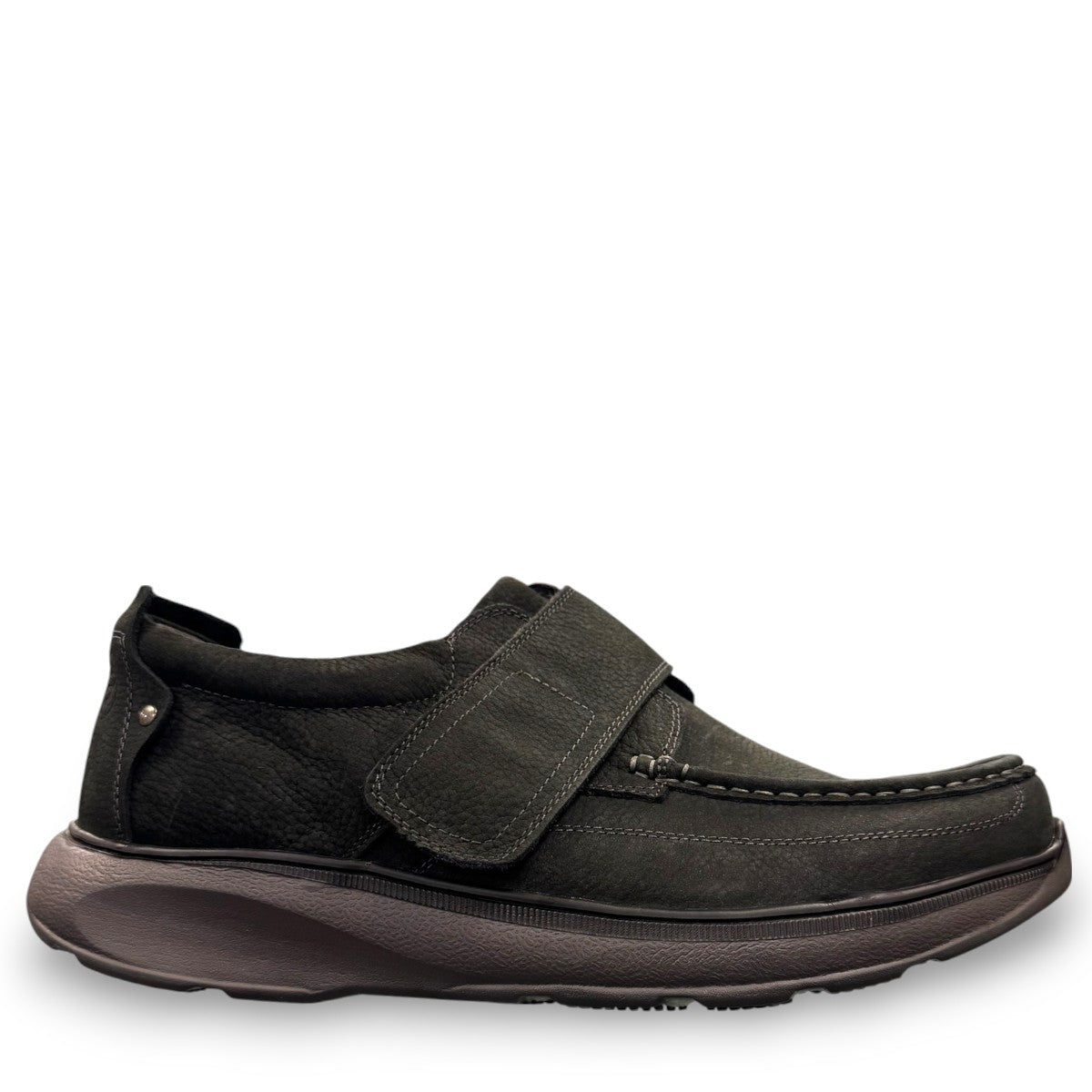 Propet Otto black tumbled leather casual shoe with hook-and-loop strap and moc toe detailing.
photo of the