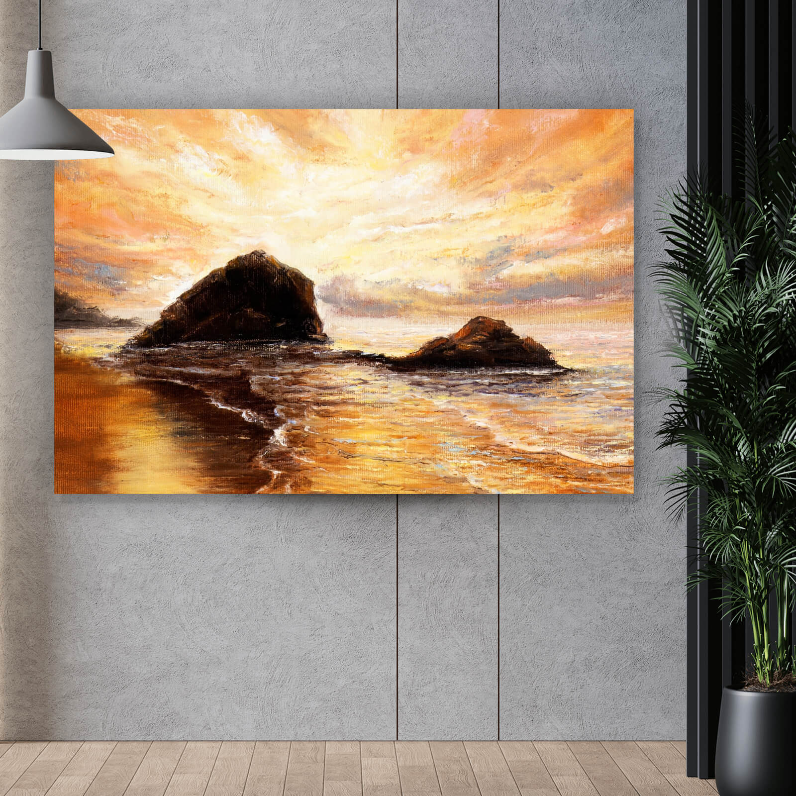 Acrylglasbild Sonnenuntergang im Ölgemälde Stil Querformat