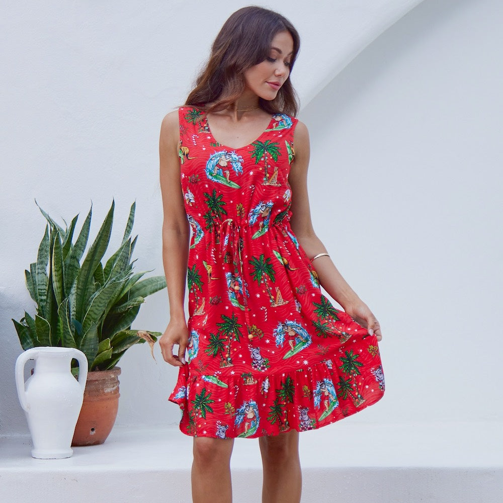 Women's Aussie Christmas Red sleeveless dress with tropical-themed holiday prints, ideal for Christmas cruises and summer celebrations.