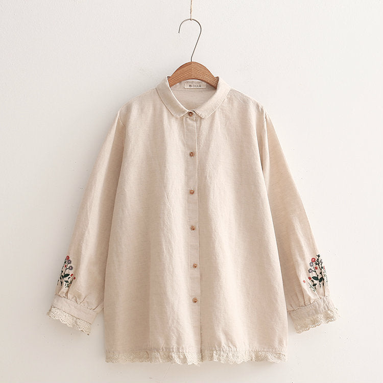 New Casual Lace Cotton And Linen Embroidered Loose Fitting Long Sleeved Shirt