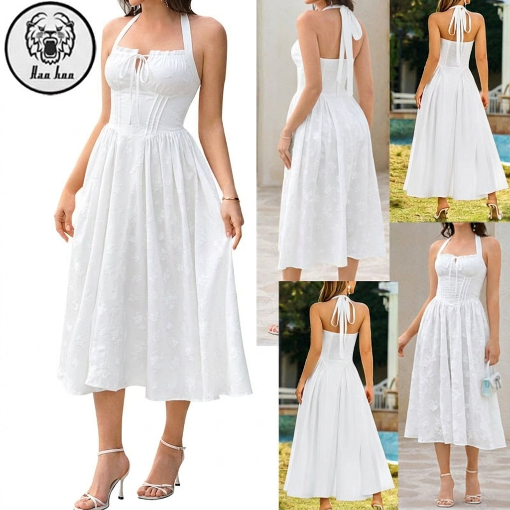 Tie up Bow Strap Dress Pleated Sleeveless Midi Knee Length Woven Floral Print Summer Daily Casual Apparel Custom Manufacturer