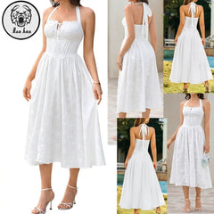 Tie up Bow Strap Dress Pleated Sleeveless Midi Knee Length Woven Floral Print Summer Daily Casual Apparel Custom Manufacturer