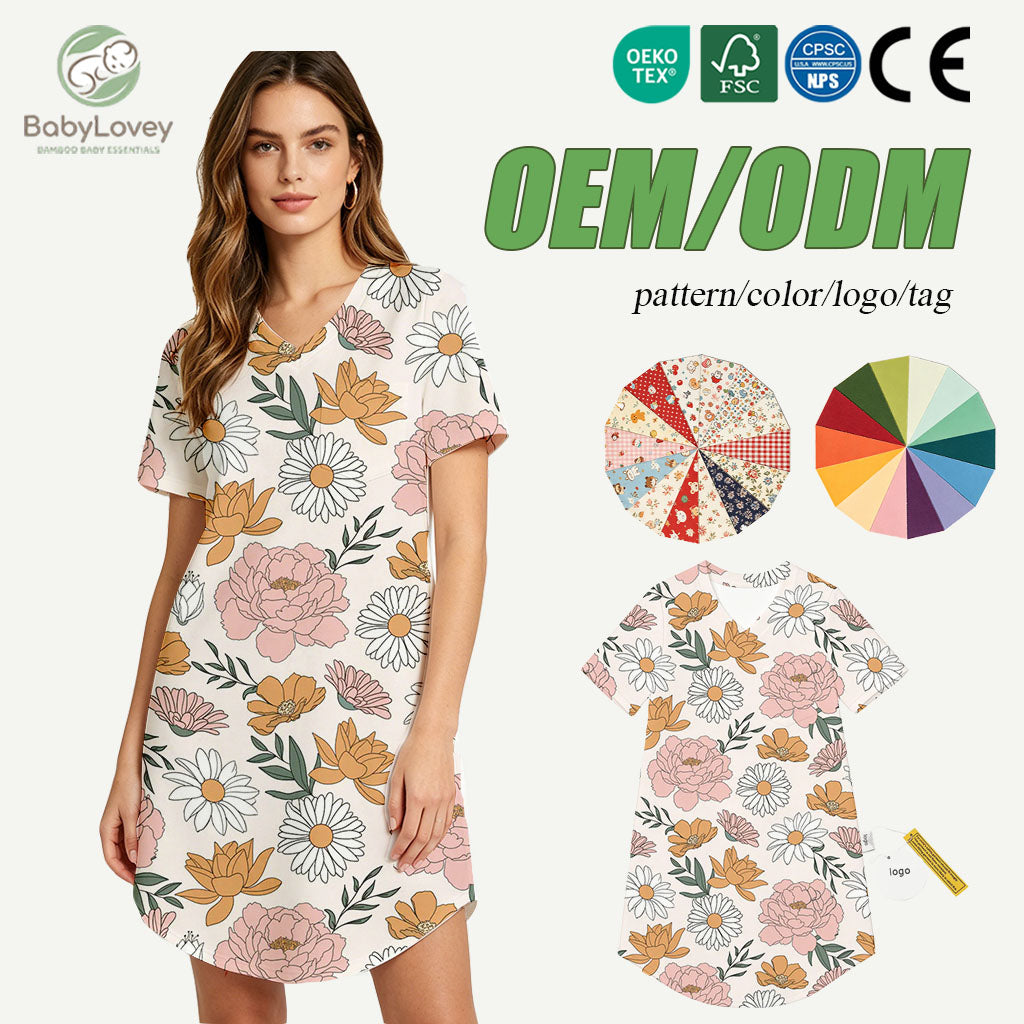 Babylovey ODM OEM 230gsm Bamboo Floral Printed Women Sleeping Dress Lounge Wear With Pocket For Summer