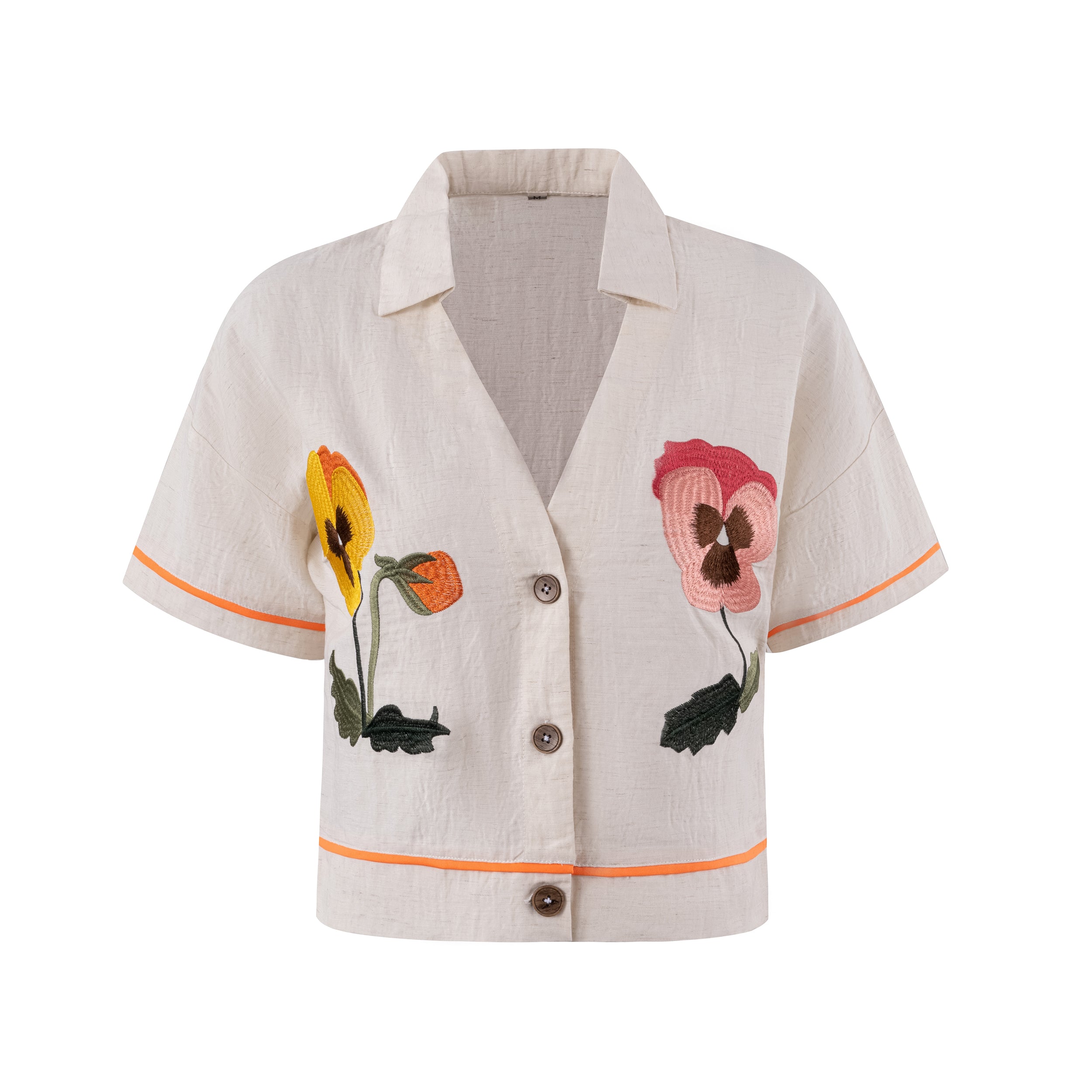 Low Moq Custom Women Linen Blend Cropped Shirt Short Sleeve Polo Neck Drop Shoulder Floral Embroidered Women Top